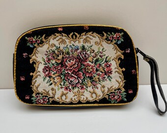 1980s Tapestry Small Cosmetics Bag, Vintage Floral Embroidery Bag, Petit Point Bag