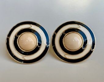 1980s Vendome Enamel Earrings, Signed — Large Earrings, cream, black and gold