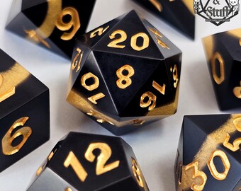 Golden Hex • Handcrafted RPG Dice Set • Tabletop Gaming Accessories • Sharp Edge Dice • Polyhedral Resin • D4 D6 D8 D10 D12 D20 D100