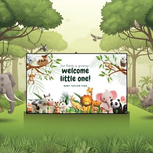 Modèle numérique de faire-part de bébé Safari Design pour chambre d'enfant, impression sur le thème des animaux, invitation de la jungle, carte de bienvenue pour baby shower, animal d'Afrique
