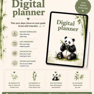 Op de afbeelding: Een digitale planner op een tabletscherm met een panda-illustratie, bamboestengels en de tekst Digital planner. De lay-out bevat secties voor directe download, organisatie en zelfzorg, aangevuld met iconen en motiverende tekst.