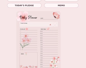 Daily Planner Printable | Pink Floral Digital Planner | To Do List | Time Table | Daily Notes | Cute Planner | Digital Download