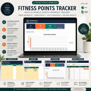 Op de afbeelding: Een digitale fitnesspunten-tracker-sjabloon voor Excel en Google Sheets weergegeven op een laptopscherm. De interface bevat een dashboard met voortgangsgrafieken, een trainingslogboek, een oefeningenbibliotheek en een maandelijks overzicht.