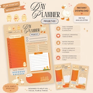 Op de afbeelding: Een printbare dagplanner-sjabloon met een eend-thema in oranje en beige tinten. De lay-out bevat secties voor een planning, prioriteiten, taken, een watertracker en notities, versierd met illustraties van kleine gele eendjes.