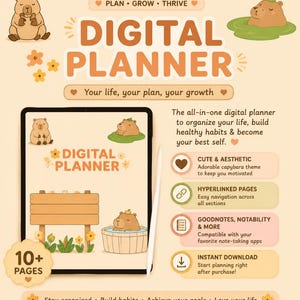 Op de afbeelding: Een digitale planner-advertentie met een tablet die een interface toont met een capybara-thema, een houten bord en een capybara in een bad. De tekst bevat PLAN, GROW, THRIVE, DIGITAL PLANNER en details over de compatibiliteit met apps.