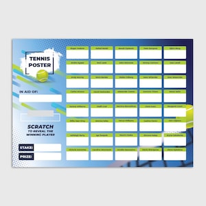 Carte à gratter pour collecte de fonds Le joueur de tennis – Poster A4 pour une tombola caritative