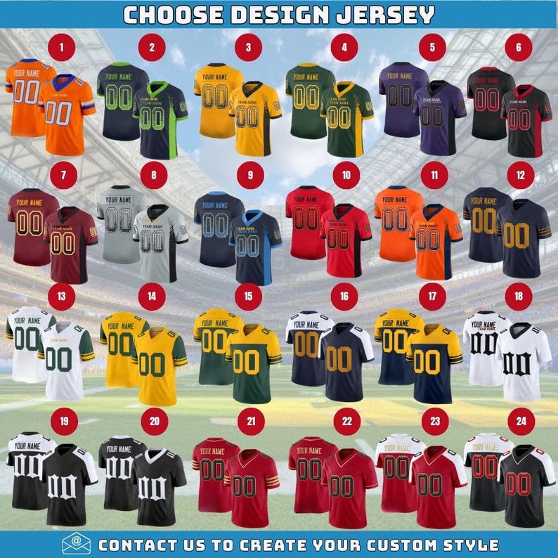 Puede incluir: Una selecci&oacute;n de 24 camisetas de f&uacute;tbol americano personalizables, cada una con un esquema de color y dise&ntilde;o &uacute;nicos. Las camisetas muestran el texto "YOUR NAME" y el n&uacute;mero "00". La imagen incluye el texto "CHOOSE DESIGN JERSEY" y "CONTACT US TO CREATE YOUR CUSTOM STYLE".