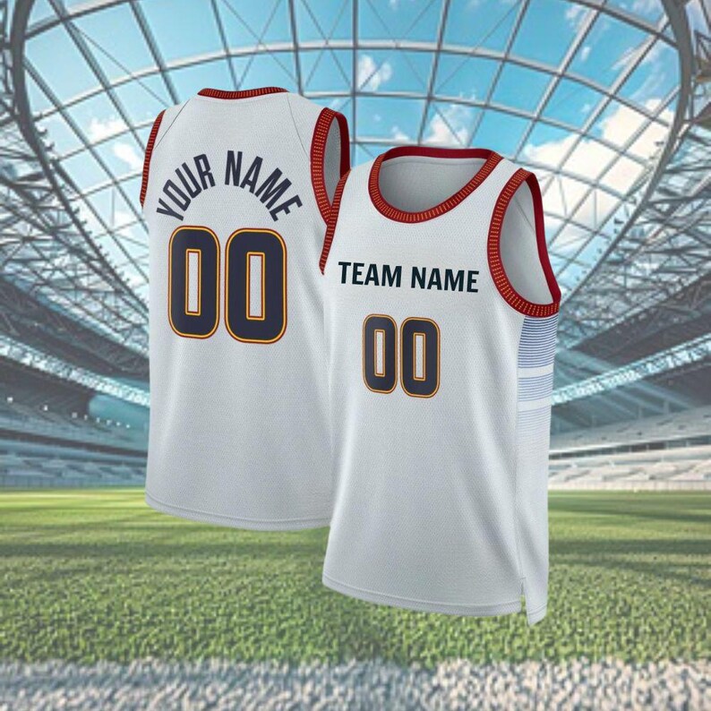 May include: Two white basketball vests with red and navy blue detailing. One vest has "YOUR NAME" and the number "00" on the back. The other vest has "TEAM NAME" and the number "00" on the front.