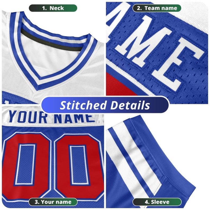 Puede incluir: Primer plano de una camiseta deportiva blanca y azul con detalles cosidos. La camiseta presenta un cuello en V, rayas azules y blancas y el n&uacute;mero "00" en rojo. El texto "YOUR NAME" es visible encima del n&uacute;mero.