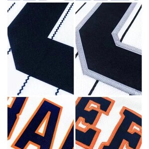 May include: Image comparing baseball jersey printing methods. One jersey is blue with white lettering, the other is white with blue and orange lettering. Text reads "PRINTED JERSEY" and "STITCHED JERSEY". Additional text describes sublimation and full-stitched options.