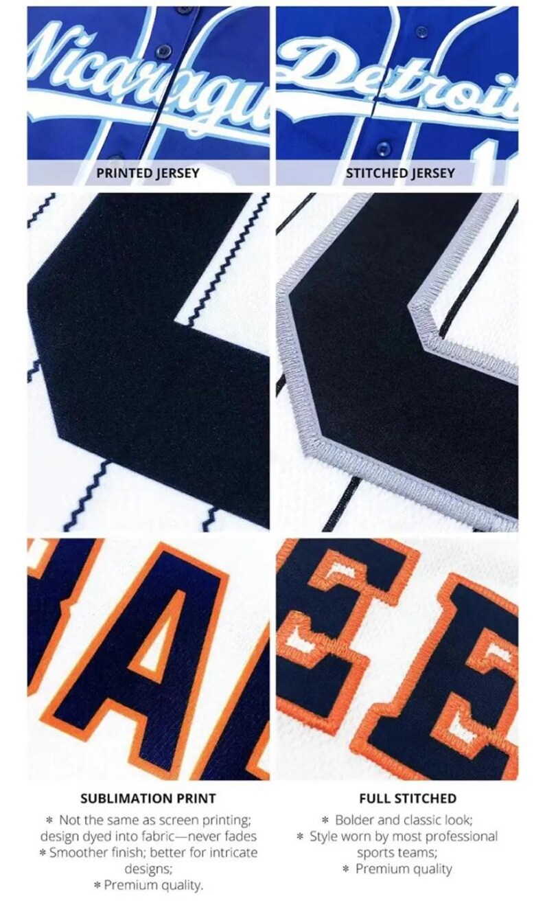 May include: Image comparing baseball jersey printing methods. One jersey is blue with white lettering, the other is white with blue and orange lettering. Text reads "PRINTED JERSEY" and "STITCHED JERSEY". Additional text describes sublimation and full-stitched options.