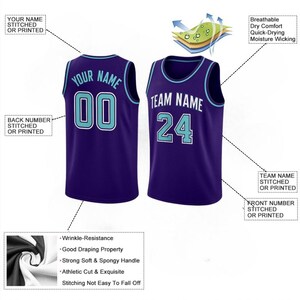 May include: Two purple basketball vests with white and teal accents. One vest has "YOUR NAME" and the number "00" on the back. The other vest has "TEAM NAME" and the number "24" on the front. Features include wrinkle resistance and moisture wicking.