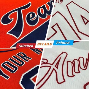 May include: Close-up of sports jersey details. The jersey features stitched lettering in white and navy blue on an orange background. The word "Team" is visible. The image also shows printed lettering in red on a white background.
