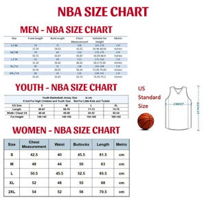 May include: An NBA size chart detailing measurements for men's, youth, and women's basketball jerseys. The chart provides chest, waist, and length measurements in centimetres and inches, with height guides.