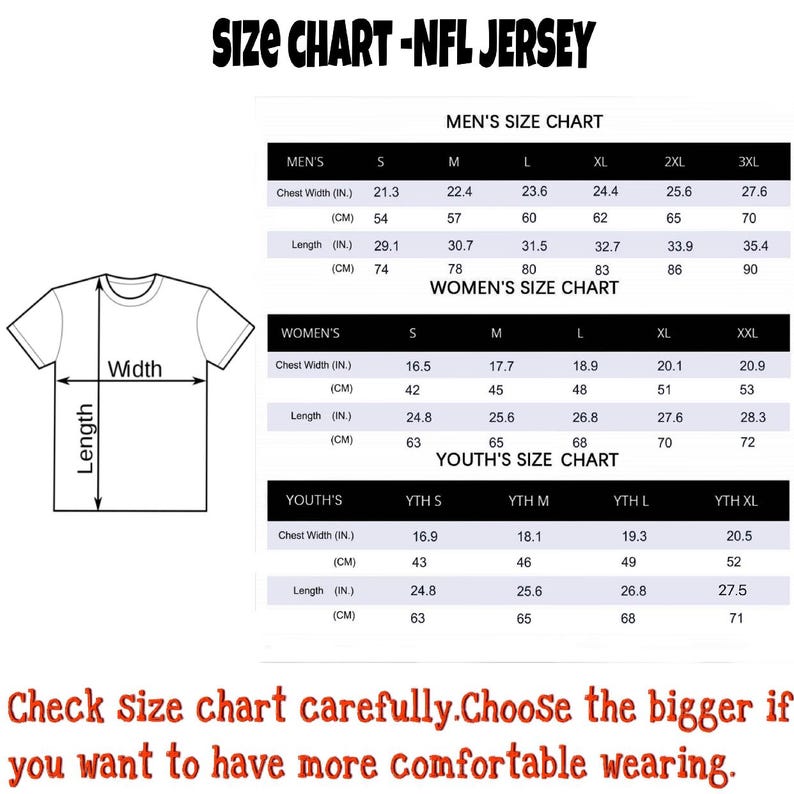 Puede incluir: Una tabla de tallas para camisetas de la NFL, con medidas en pulgadas y cent&iacute;metros. La tabla incluye tallas para hombres, mujeres y j&oacute;venes, detallando el ancho del pecho y la longitud. El texto en la parte inferior aconseja elegir una talla m&aacute;s grande para mayor comodidad.