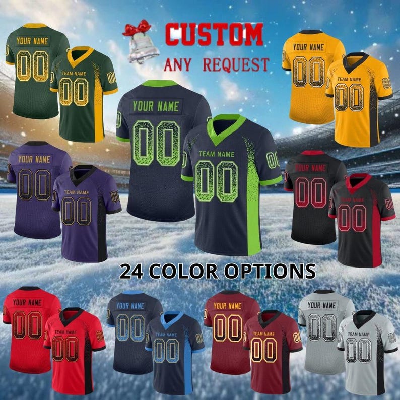 Puede incluir: Una colecci&oacute;n de camisetas deportivas personalizables en varios colores, incluyendo verde, amarillo, morado, azul marino, rojo y gris. Cada camiseta presenta el n&uacute;mero "00" y espacio para un nombre. La imagen incluye el texto "CUSTOM ANY REQUEST" y "24 COLOR OPTIONS".