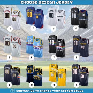 May include: Twelve basketball jerseys with different designs are displayed. The jerseys are in various colours, such as white, black, blue, and yellow, with space for custom text and numbers. The image includes the text "CHOOSE DESIGN JERSEY".