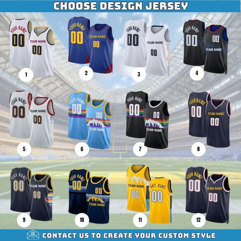 May include: Twelve basketball jerseys with different designs are displayed. The jerseys are in various colours, such as white, black, blue, and yellow, with space for custom text and numbers. The image includes the text "CHOOSE DESIGN JERSEY".