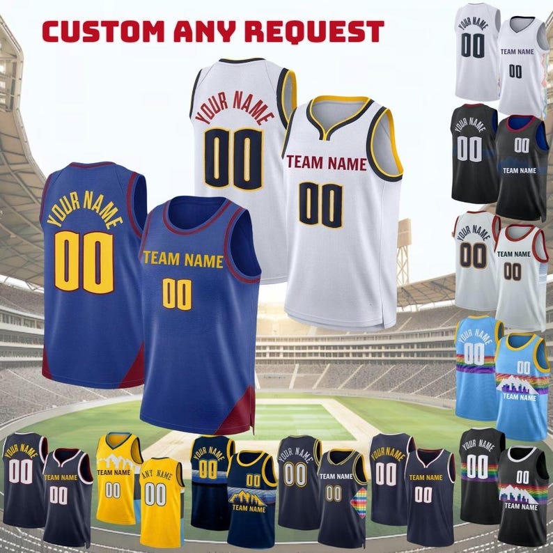 May include: A selection of basketball jerseys in different colours, such as blue, white, black, and yellow. Each jersey displays the number "00" and has space for a team name or custom text. The text "CUSTOM ANY REQUEST" is visible at the top.