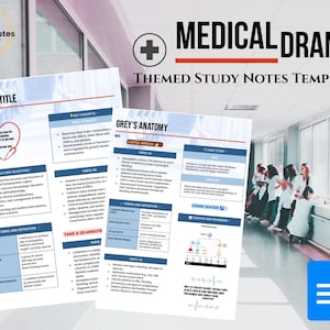 Op de afbeelding: Thema studie notitiesjabloon getiteld "Medical Drama" met het thema "Grey's Anatomy". De notities bevatten secties voor onderwerp, sleutelbegrippen, termen en definities. De afbeelding bevat ook een medisch symbool en mensen in medische kleding.