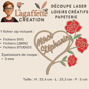 Merci stephanie dans un cœur orné de roses délicates pour machines de découpe aux formats svg, dxf, ai, lbrn2, pdf, studio3