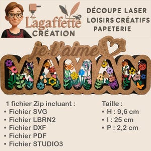 Fichiers pour création d'un cadeau "maman je t'aime" en multicouche pour machine de découpe - svg, dxf, lbrn2, pdf et studio3