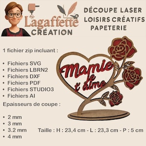 Ein mit zarten Rosen verziertes Herz mit der Aufschrift "mamie je t'aime" für Schneidemaschinen in den Formaten svg, dxf, ai, lbrn2, pdf, studio3
