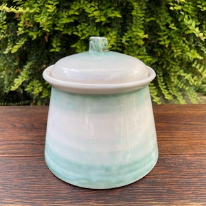 May include: A ceramic jar with a lid, featuring a gradient of white and light teal. The jar has a rounded base and a matching lid with a small knob. The background is a wooden surface with green foliage.