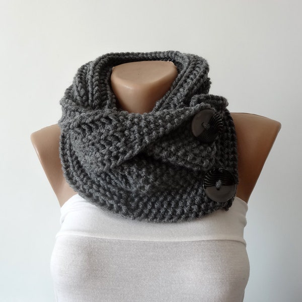 Hand Knitted Scarf, Neck Warmer, Button Scarf, Chunky Knit Neck Scarf, Womens, Mens Scarf, Grey Scarf with Buttons, Gifts for Him