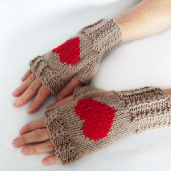 Heart Fingerless Mittens, Knit Fingerless Gloves, Light Brown, Embroidered Red Heart