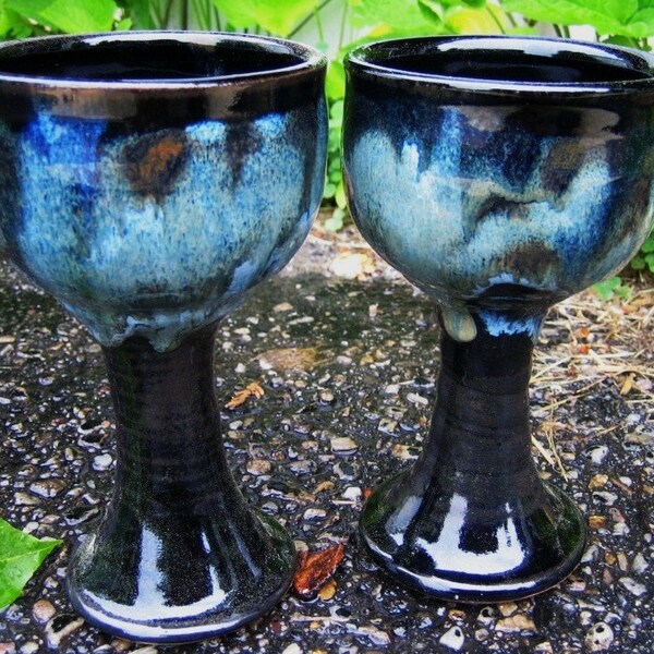 Chalice Goblet Black Glaze with Blue -Green