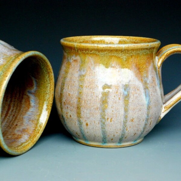 Pottery Mug Ceramic Coffee Mug Round Striped Amber Cream