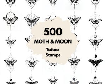 500 Moth & Moon Tattoo Stamps, Procreate Tattoo Brushes, Photoshop Tattoo Brushes, Moth Moon Tattoo Set, Mystical Line Art Flash