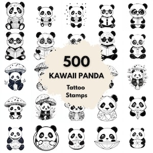 May include: Black and white illustrations of pandas in various poses. Some pandas are holding cupcakes, reading books, or wearing glasses. The image includes the text "500 Kawaii Panda Tattoo Stamps."
