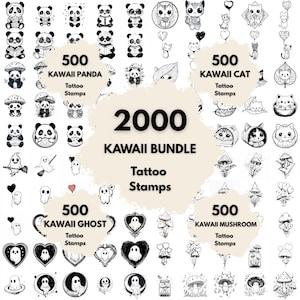 May include: A collection of 2000 kawaii tattoo stamps, including panda, cat, ghost, and mushroom designs. Each set contains 500 stamps, all in black and white. The image features various cute illustrations.