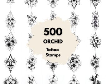 500 Orchid Geometric Tattoo Stamps, Procreate Tattoo Brushes, Photoshop Tattoo Brushes, Geometric Orchid Tattoo Set