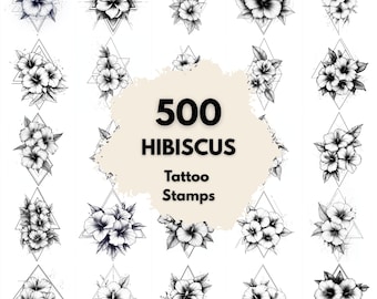 500 Hibiscus Geometric Tattoo Stamps, Procreate Tattoo Brushes, Photoshop Tattoo Brushes, Geometric Hibiscus Tattoo Set
