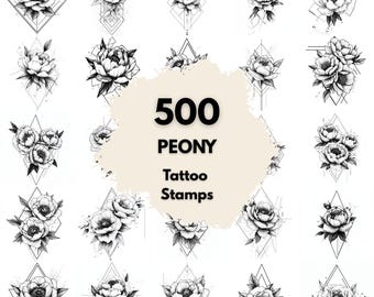 500 Peony Geometric Tattoo Stamps, Procreate Tattoo Brushes, Photoshop Tattoo Brushes, Geometric Peony Tattoo Set