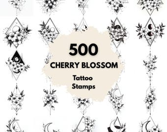 500 Cherry Geometric Tattoo Stamps, Procreate Tattoo Brushes, Photoshop Tattoo Brushes, Geometric Cherry Blossom Tattoo Set