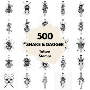 May include: A collection of 500 tattoo stamp designs featuring snakes and daggers in various artistic styles. The black and white illustrations showcase detailed line work and intricate patterns, perfect for tattoo artists and enthusiasts.