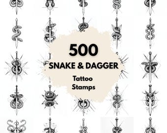 500 Snake & Dagger Tattoo Stamps, Procreate Tattoo Brushes, Photoshop Tattoo Brushes, Serpent Dagger Tattoo Set, Traditional Line Art Flash