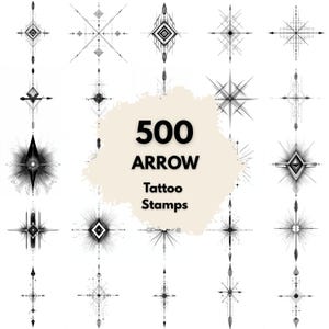 Pode incluir: Uma coleção de 500 carimbos de tatuagem de flechas em vários designs geométricos. As ilustrações em preto e branco apresentam linhas intrincadas, diamantes e explosões estelares. O texto "500 ARROW Tattoo Stamps" é exibido.