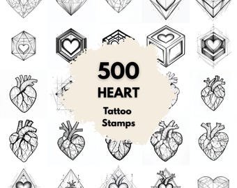 500 Heart Geometric Tattoo Stamps, Procreate Tattoo Brushes, Photoshop Tattoo Brushes, Geometric Heart Tattoo Set