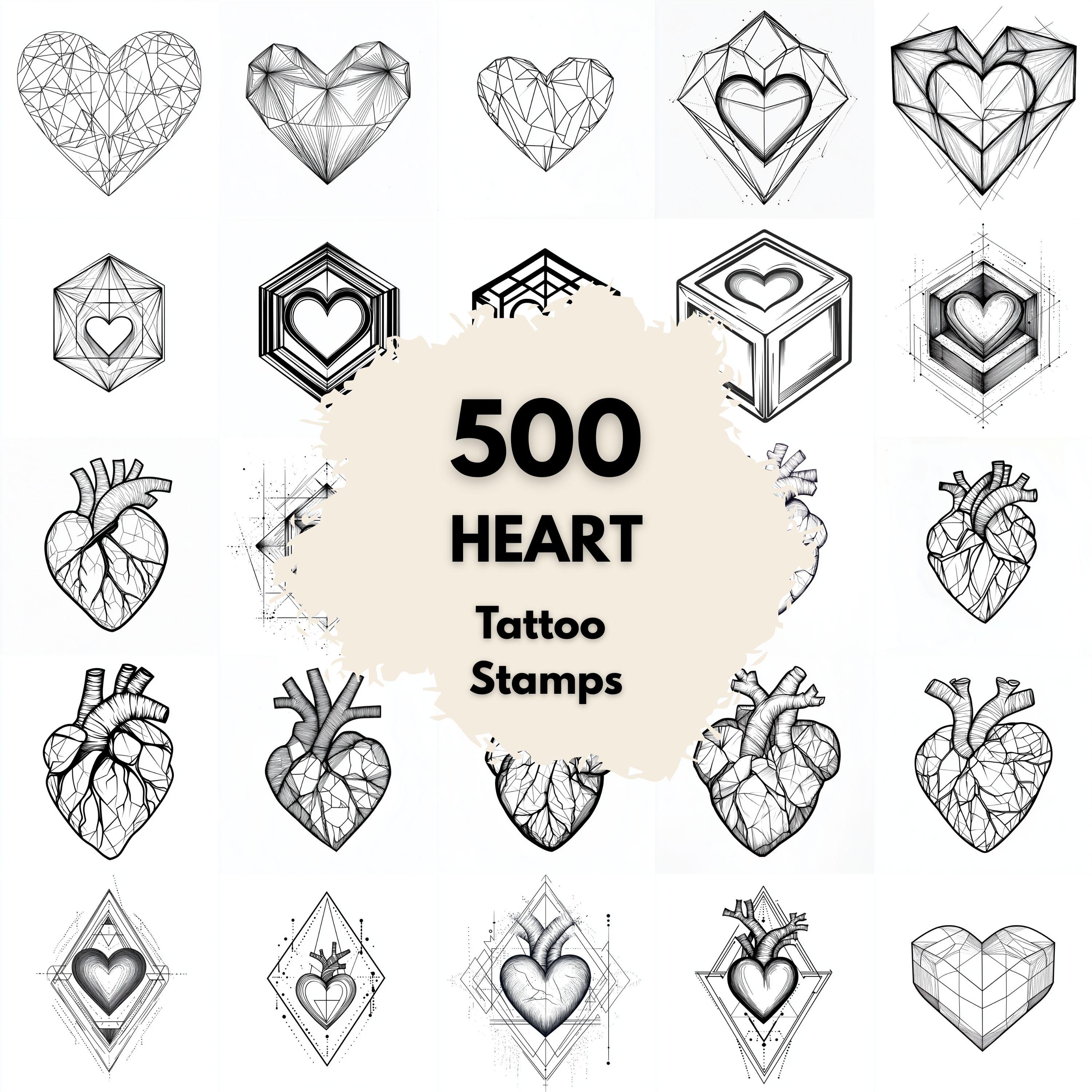 500 Geometric Heart Tattoo Stamps – Procreate & Photoshop Brushes + High-Res JPEG Set