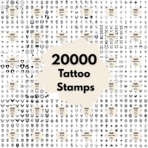Könnte beinhalten: Eine Sammlung von 20.000 Tattoo-Stempeln mit verschiedenen Designs wie Tieren, Blumen und Symbolen. Das Bild zeigt ein Raster aus kleinen, detaillierten Illustrationen, die jeweils mit der Zahl "500" versehen sind. Der Text "20000 Tattoo Stamps" ist prominent dargestellt.