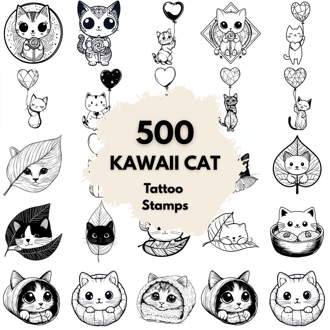 500 Kawaii Cat Tattoo Stamps, Procreate Tattoo Brushes, Photoshop ...
