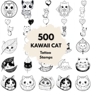 Könnte beinhalten: Eine Sammlung von 500 Kawaii Cat Tattoo-Stempeln in Schwarzweiß. Die Illustrationen zeigen verschiedene entzückende Katzendesigns, darunter Katzen mit Luftballons, in Blättern und in gemütlichen Umgebungen. Der Text "500 Kawaii Cat Tattoo Stamps" wird in der Mitte angezeigt.