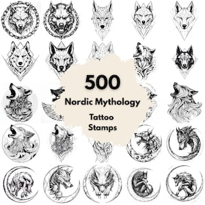 Puede incluir: Una colección de 500 sellos de tatuajes de la mitología nórdica con diseños de lobos. Las ilustraciones en blanco y negro incluyen imágenes geométricas y detalladas de lobos, así como lobos aullando.