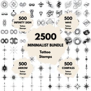 Peut inclure: Une collection de motifs de tampons de tatouage minimalistes en noir et blanc. L'image présente divers motifs, notamment des symboles infinis, des vagues, des flèches et des boussoles. Le texte sur l'image indique "2500 Minimalist Bundle Tattoo Stamps."