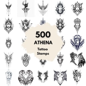May include: A selection of 500 Athena tattoo stamp designs in black and white. The designs feature owls, women, swords, and geometric shapes. The text "500 ATHENA Tattoo Stamps" is displayed in the centre of the image.